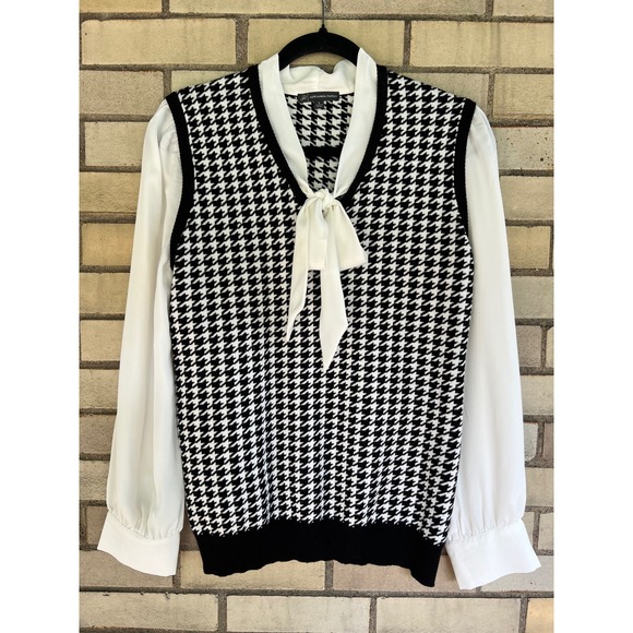 Adrianna Papell Tops - Adrianna Papell Black White Houndstooth Tie Neck Layered Top Sweater Size Small